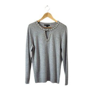 INC Cashmere Blend Long Sleeve Gray Beaded Neck Soft Sweater Size M